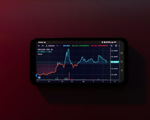 a cell phone displaying a stock chart on a red background