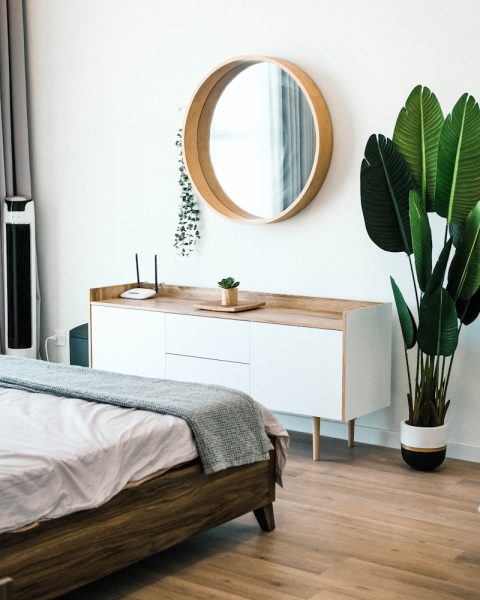 white wooden dresser with mirror