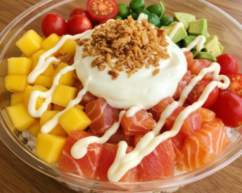 ai generated, poke, bowl, food, healthy, salmon, avocado, rice, tomato, mango, cream, fresh, lunch, diet, nutrition, dish, gourmet, cuisine, salad, meal, close-up, traditional