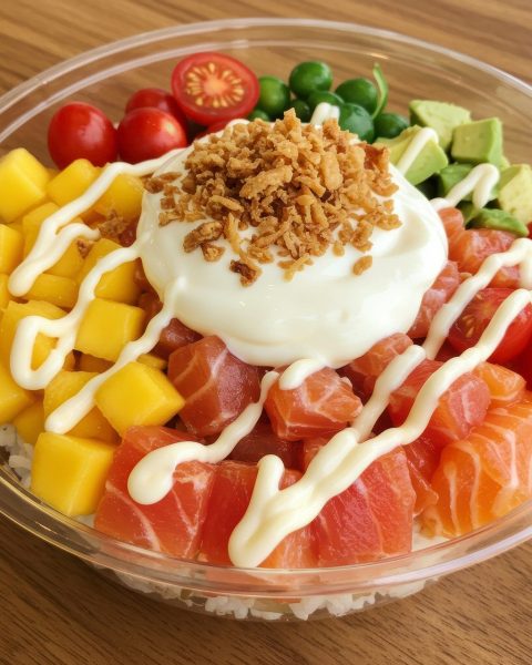 ai generated, poke, bowl, food, healthy, salmon, avocado, rice, tomato, mango, cream, fresh, lunch, diet, nutrition, dish, gourmet, cuisine, salad, meal, close-up, traditional