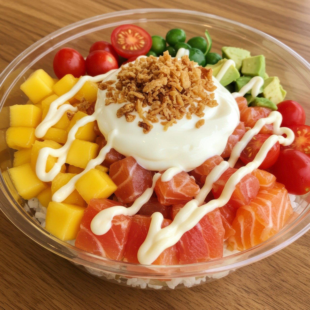 ai generated, poke, bowl, food, healthy, salmon, avocado, rice, tomato, mango, cream, fresh, lunch, diet, nutrition, dish, gourmet, cuisine, salad, meal, close-up, traditional