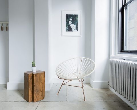 Pachira kamerplant naast een verwarmingsradiator bij een raam in de herfst